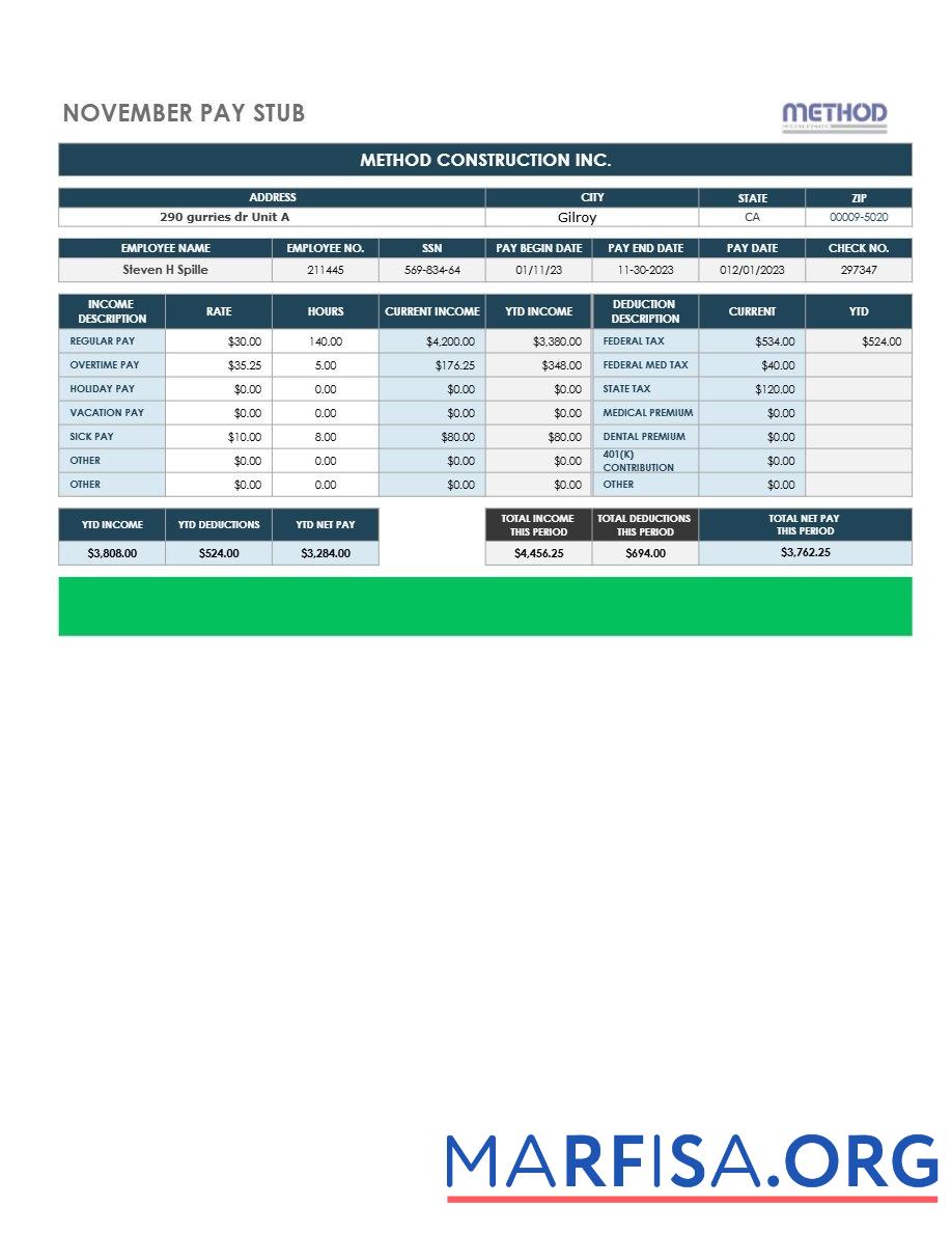 Realistic Method Construction INC. pay stub example